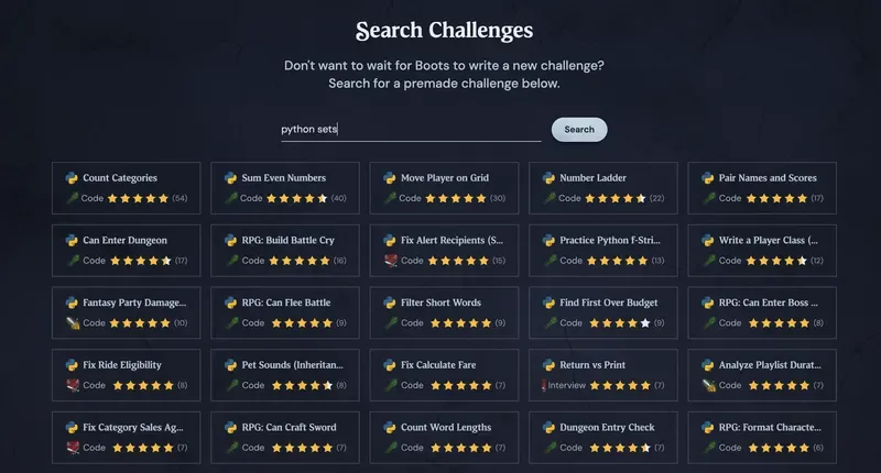 Boot.dev’s Search Challenges window shows an array of coding challenges