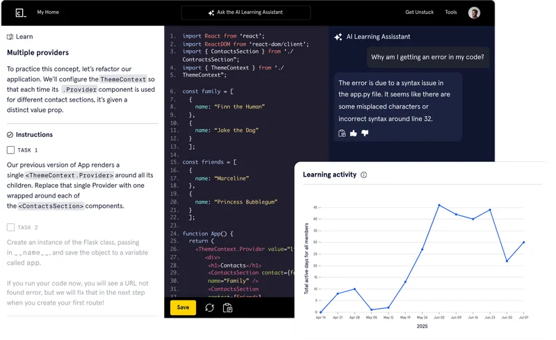 the Codecademy teams screen is shown with the AI learning assistant activated