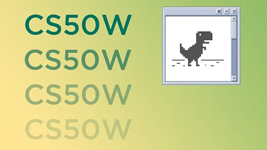“CS50W” in green next to an 8-bit T-Rex