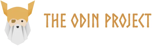 a cartoon image of Odin next to runic text spelling the company name forms the logo in bronze